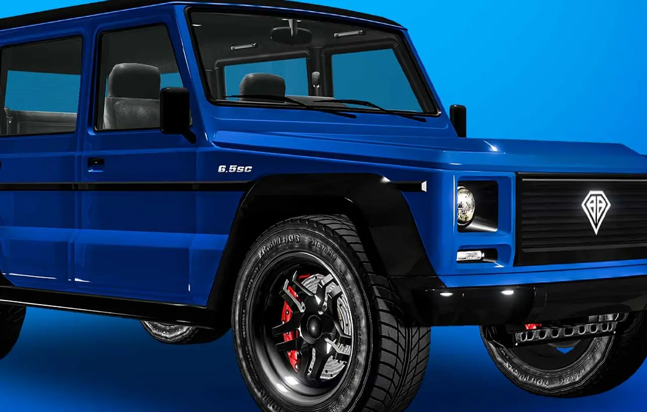 Blue Benefactor Dubsta SUV, front three-quarter view, on a showroom poster