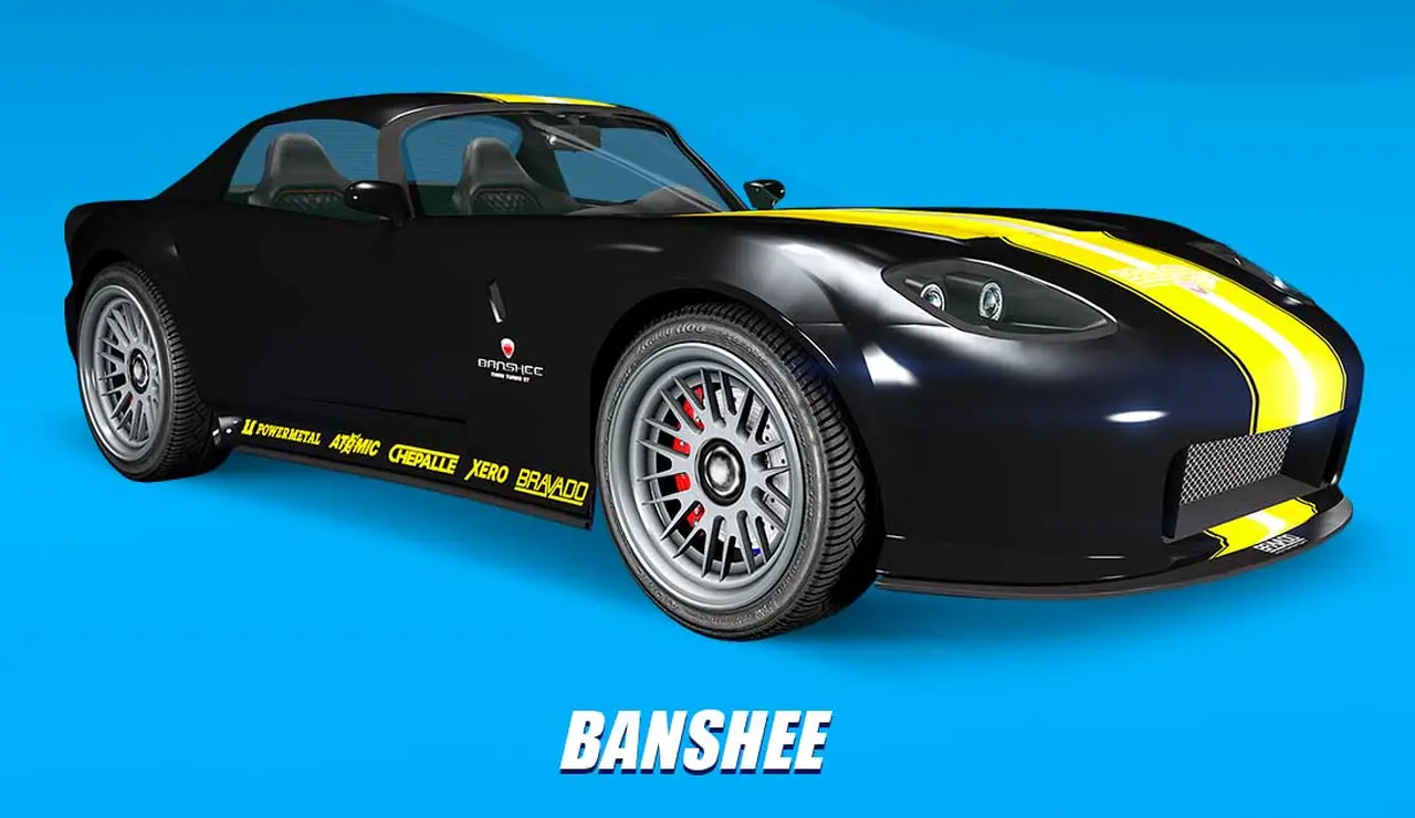 Black Bravado Banshee with a yellow stripe on a showroom poster