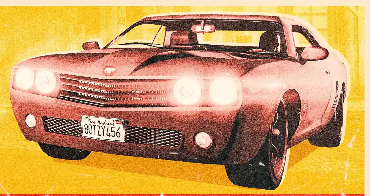 Red Bravado Gauntlet muscle car on a vintage-style Roadgame poster