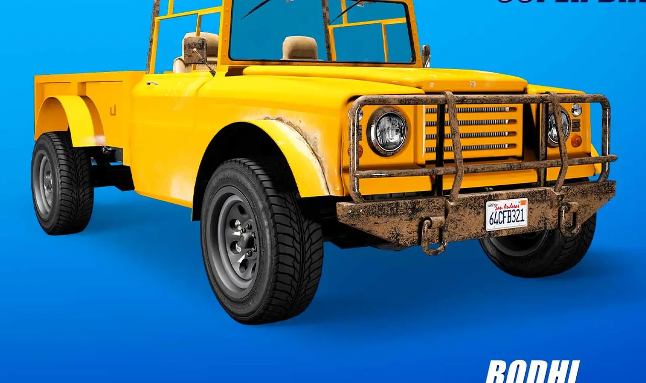 Yellow Canis Bodhi off-road truck, front three-quarter view, on a showroom poster