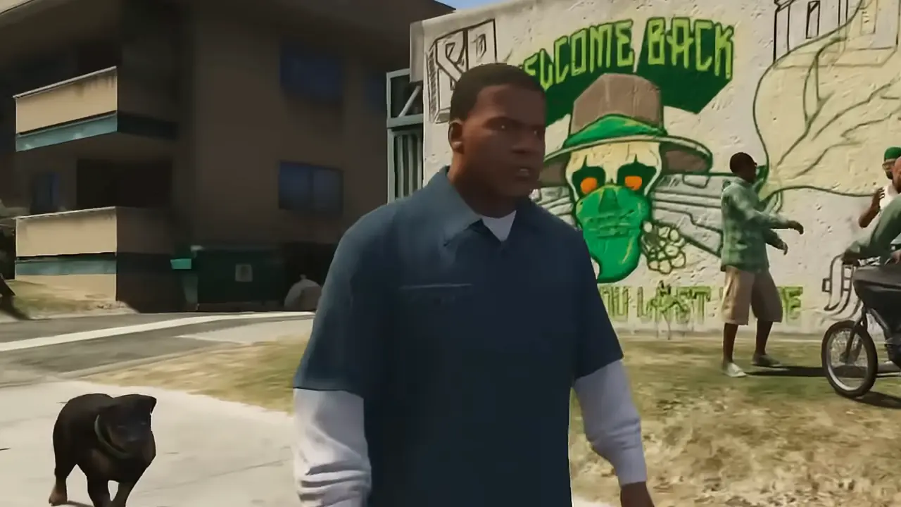 Chop the Rottweiler trotting behind Franklin past a "Welcome Back" mural in his old neighborhood