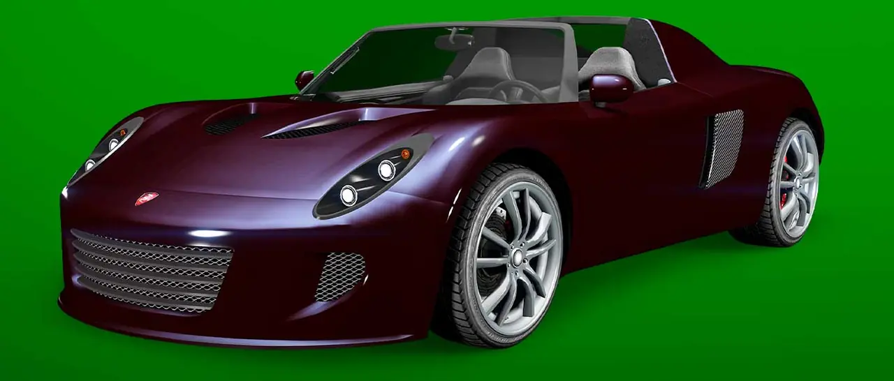 Dark purple Coil Voltic roadster on a green showroom poster