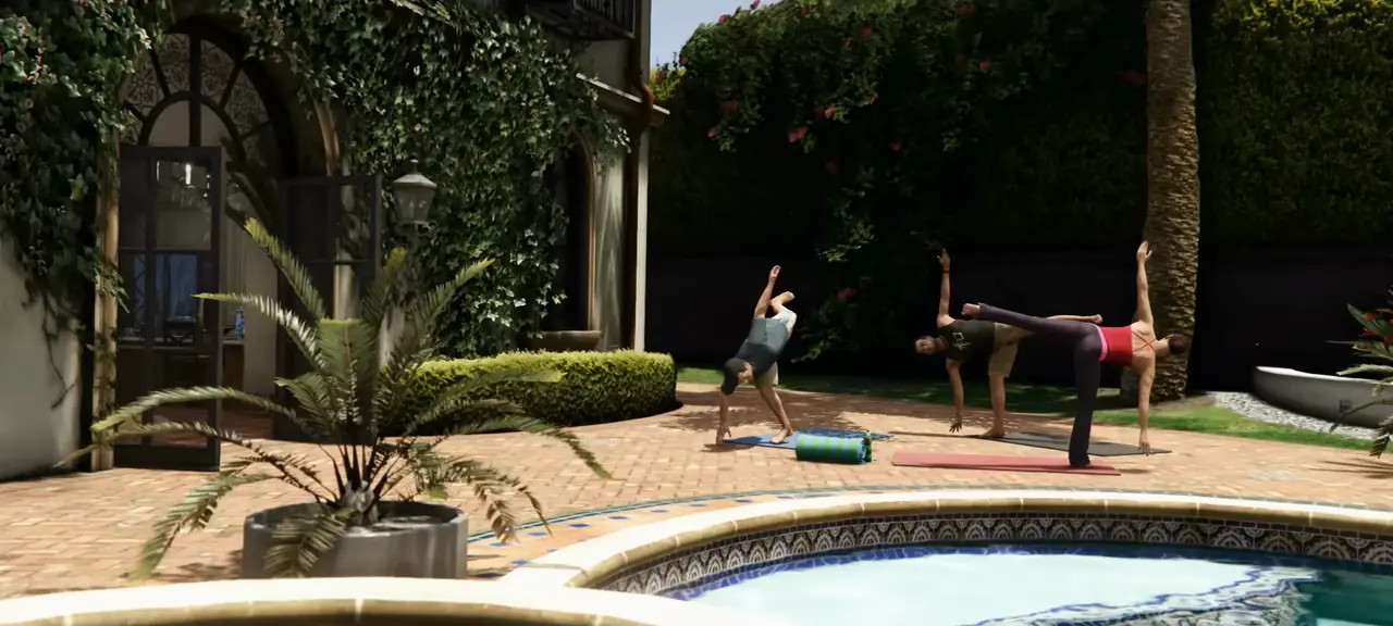 Michael De Santa doing yoga with his wife Amanda and her instructor beside the family pool