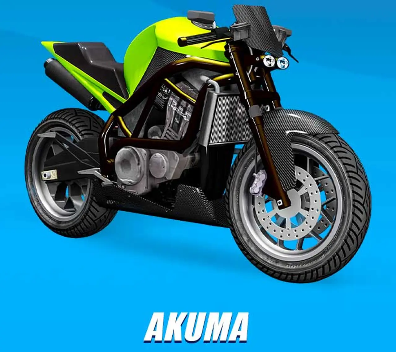 Green and black Dinka Akuma naked sport motorcycle on a showroom poster