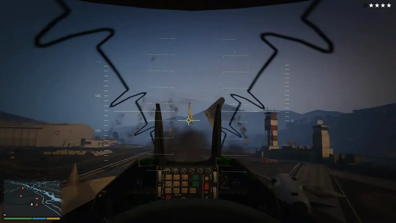 Cockpit view from a P-996 Lazer jet on the Fort Zancudo runway, control tower ahead