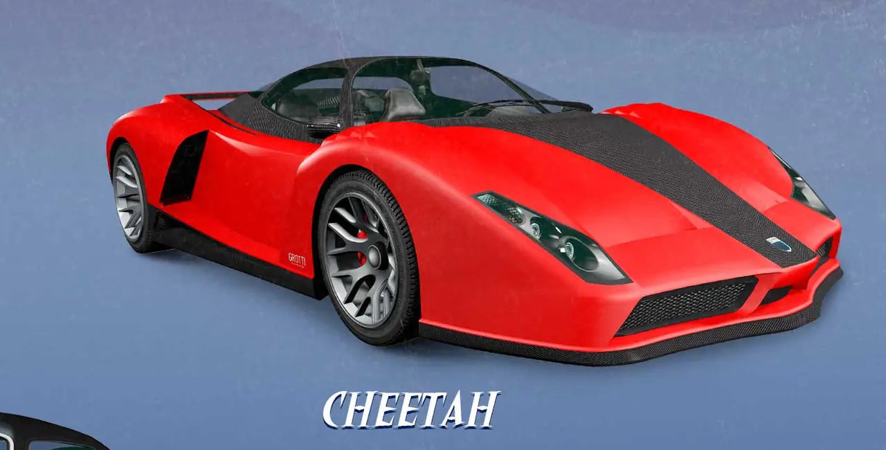 Red Grotti Cheetah with black racing stripe on a Halloween showroom poster