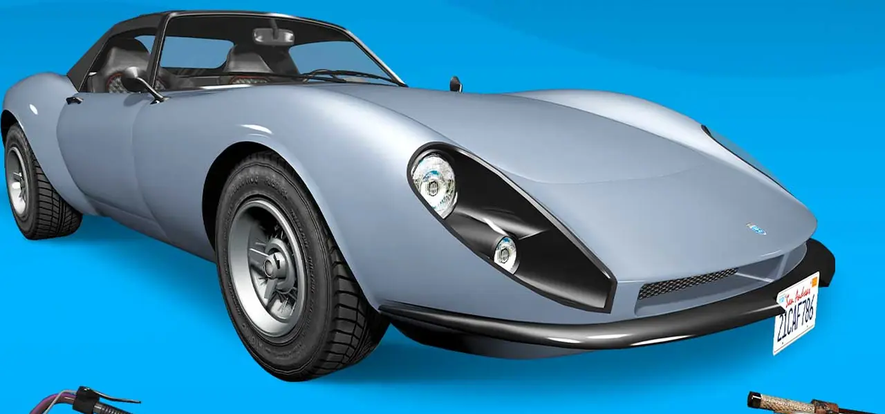 Silver Grotti Stinger classic roadster on a showroom poster