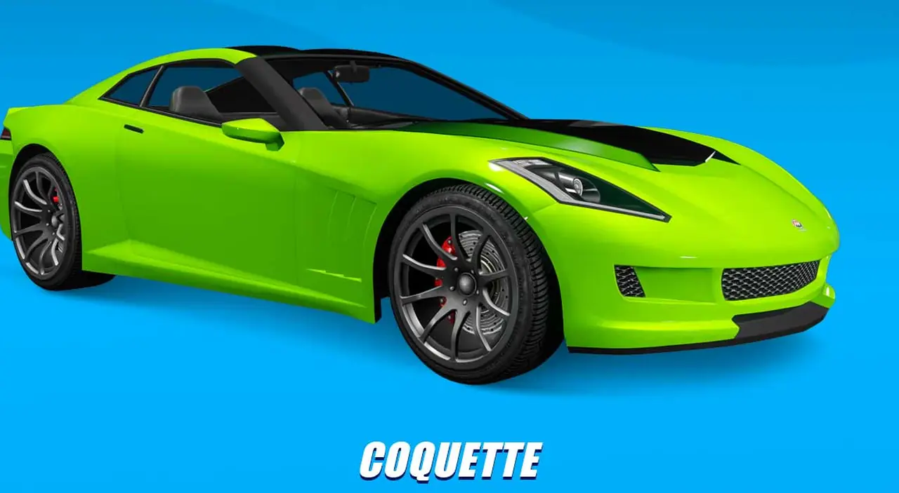 Lime green Invetero Coquette, front three-quarter view, on a showroom poster