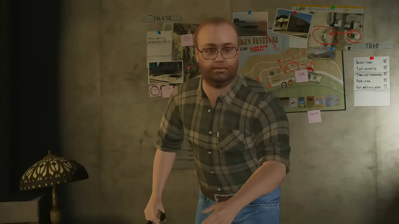 Lester Crest leaning on his cane in front of a heist-planning board covered in maps and photos