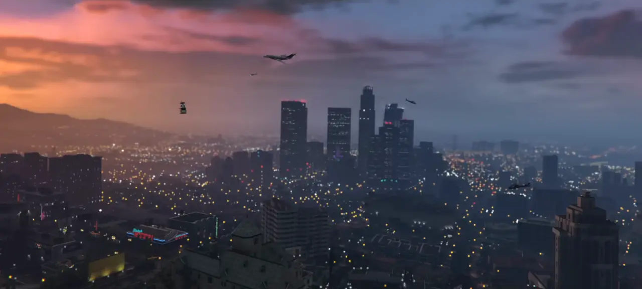 Downtown Los Santos lit up at dusk under a pink and purple sky