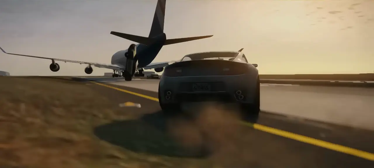 A sports car racing a jumbo jet down a runway at Los Santos International Airport