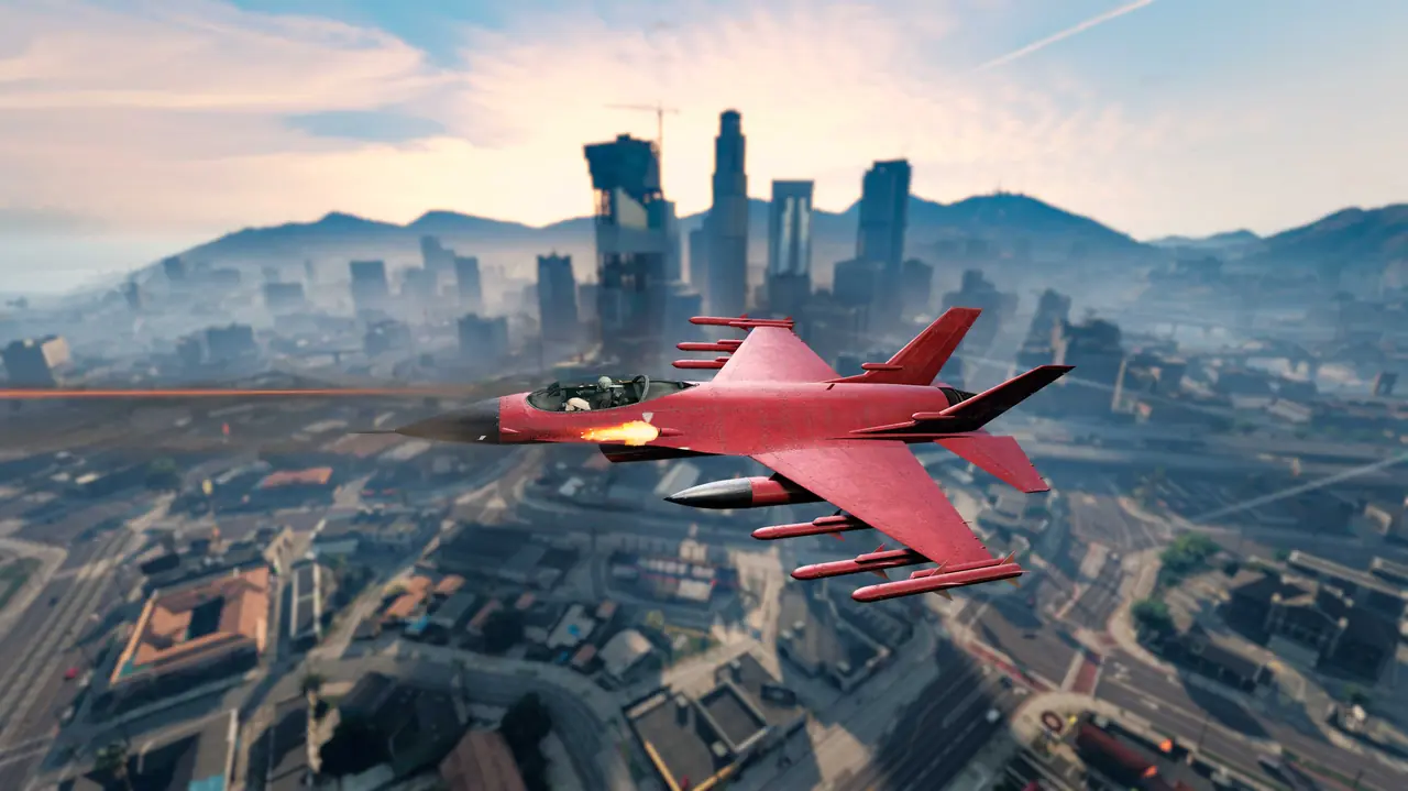 Red P-996 Lazer fighter jet flying over downtown Los Santos