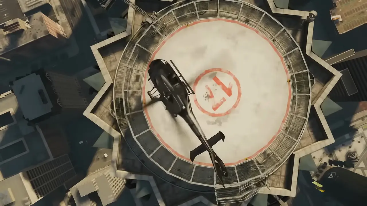 A helicopter landing on the star-shaped rooftop helipad of the Maze Bank Tower, seen from above