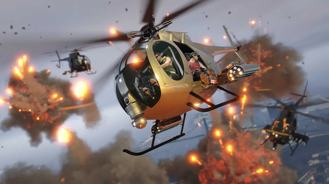 Gold Nagasaki Buzzard Attack Chopper flying through explosions with a crew aboard