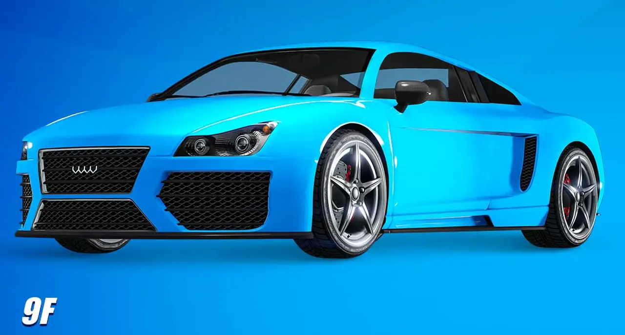 Light blue Obey 9F coupe, front three-quarter view, on a showroom poster