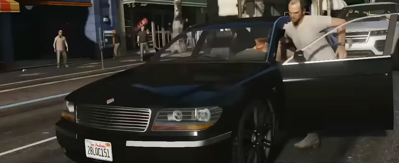 Black Obey Tailgater sedan parked on a city street with its driver door open