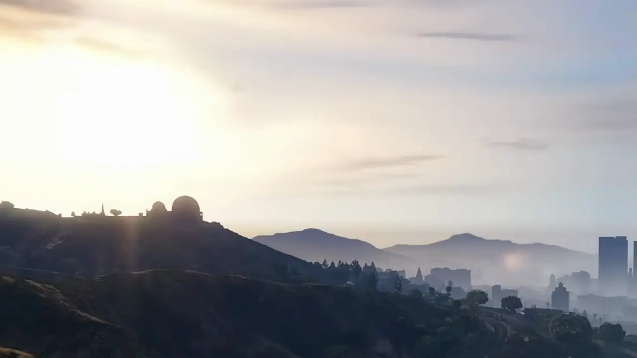 The domes of the Galileo Observatory silhouetted on the ridge of the Vinewood Hills