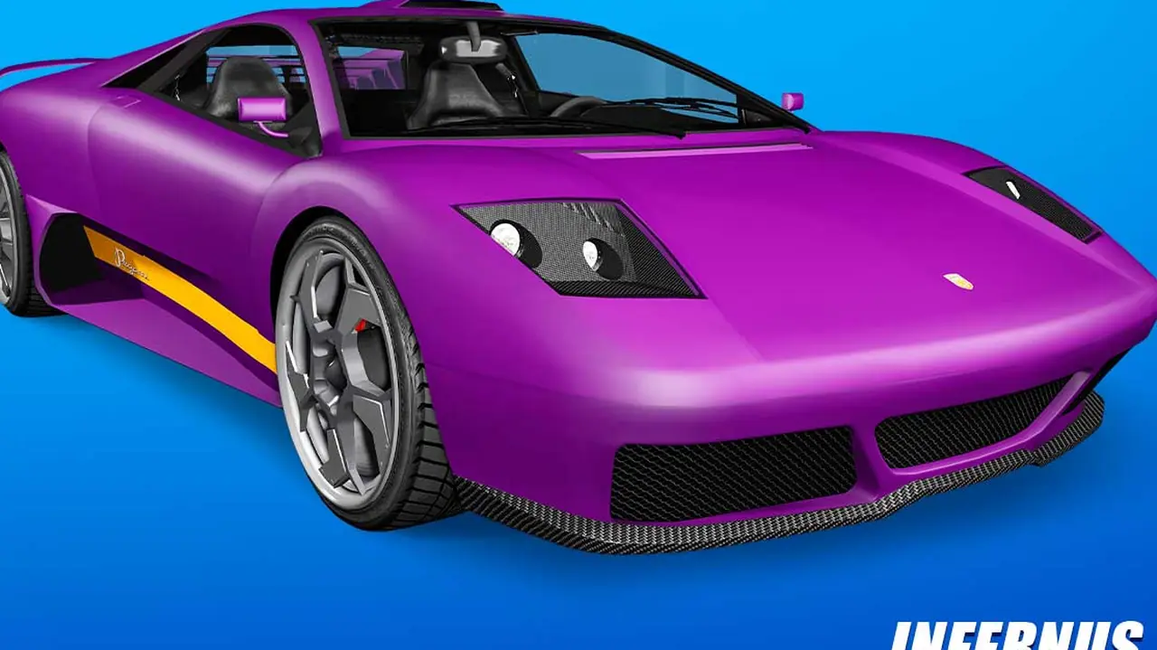 Purple Pegassi Infernus, front three-quarter view from the right, on a showroom poster