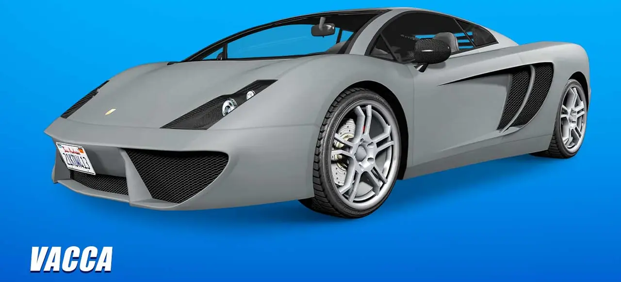 Silver Pegassi Vacca, front three-quarter view, on a showroom poster