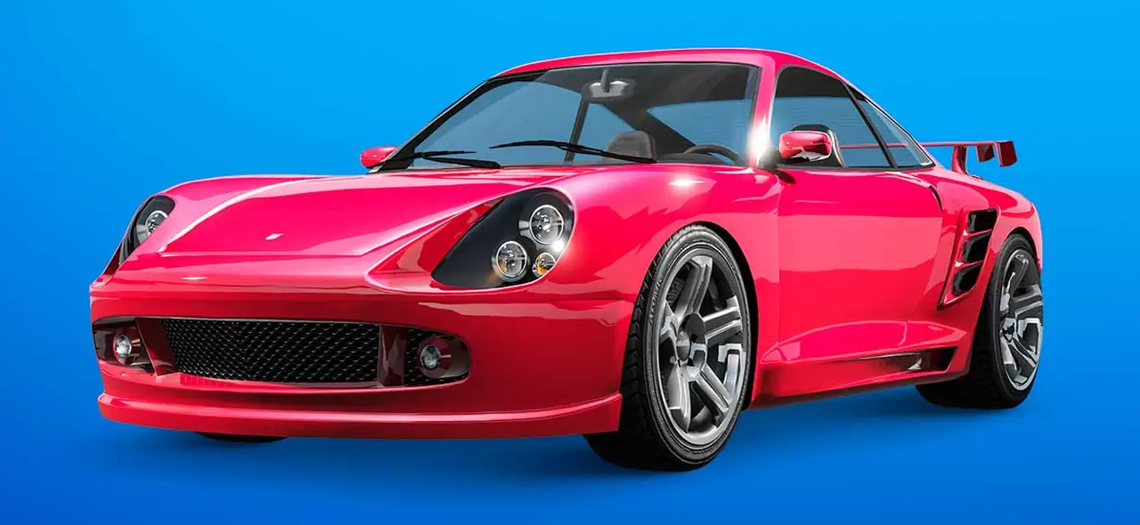 Pink Pfister Comet with a rear wing, front three-quarter view, on a showroom poster