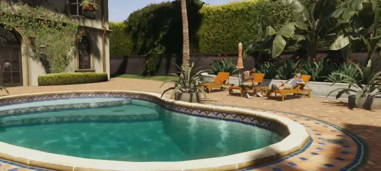 The tiled swimming pool and sun loungers in the back garden of Michael's Rockford Hills mansion