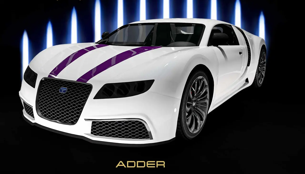 White Truffade Adder with purple racing stripes in the Luxury Autos showroom