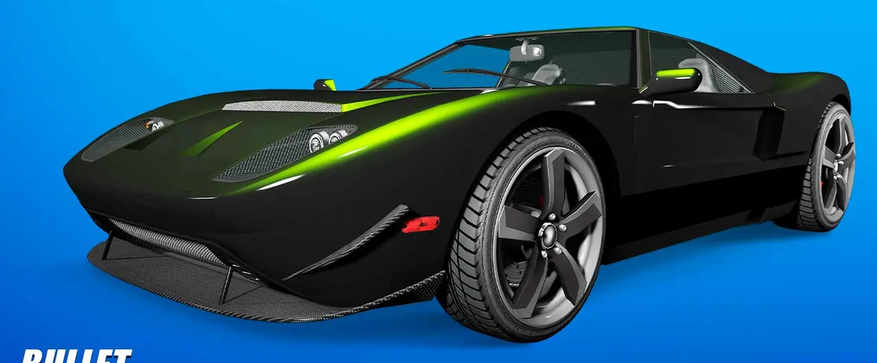 Black Vapid Bullet with green accents, front three-quarter view, on a showroom poster