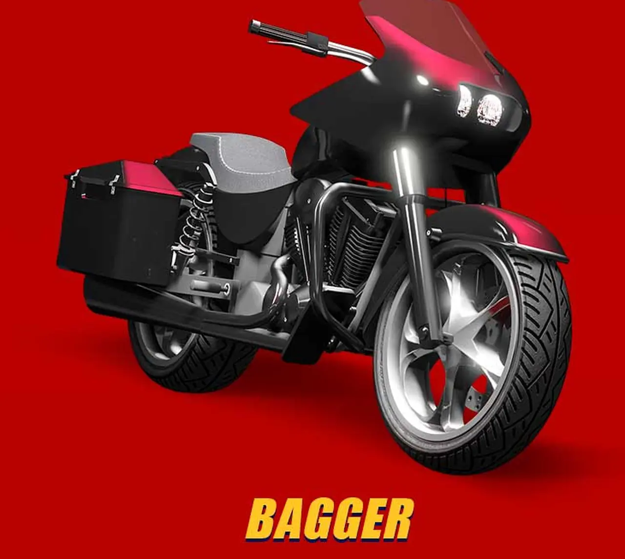 Red Western Bagger touring motorcycle with hard saddlebags on a showroom poster
