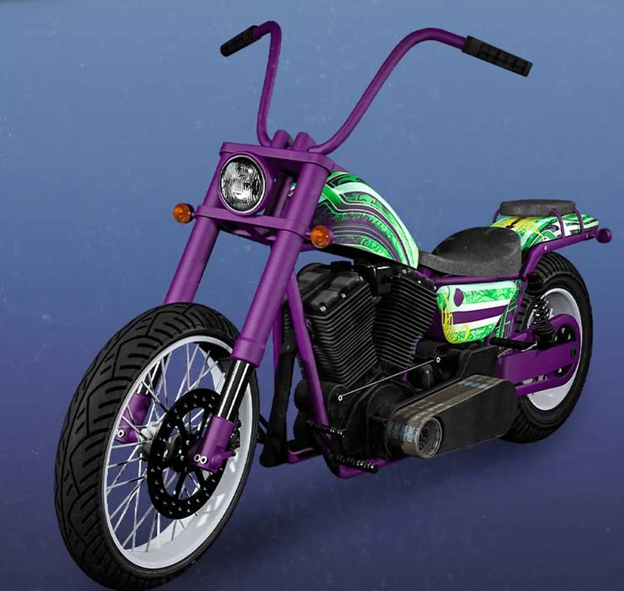 Purple Western Daemon chopper with green tank on a Halloween showroom poster