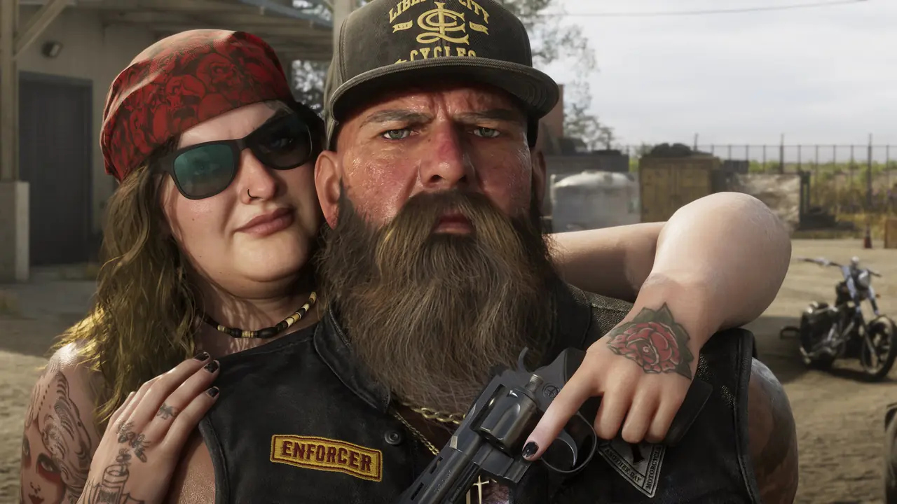 A bearded biker in an Enforcer vest holding a revolver, with a woman in a bandana hugging him and motorcycles behind