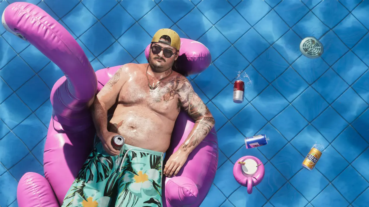 Cal Hampton floating shirtless on a pink inflatable flamingo in a pool, holding a can, with drink cans floating around him