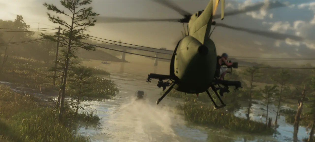 A helicopter chasing a boat through wetlands