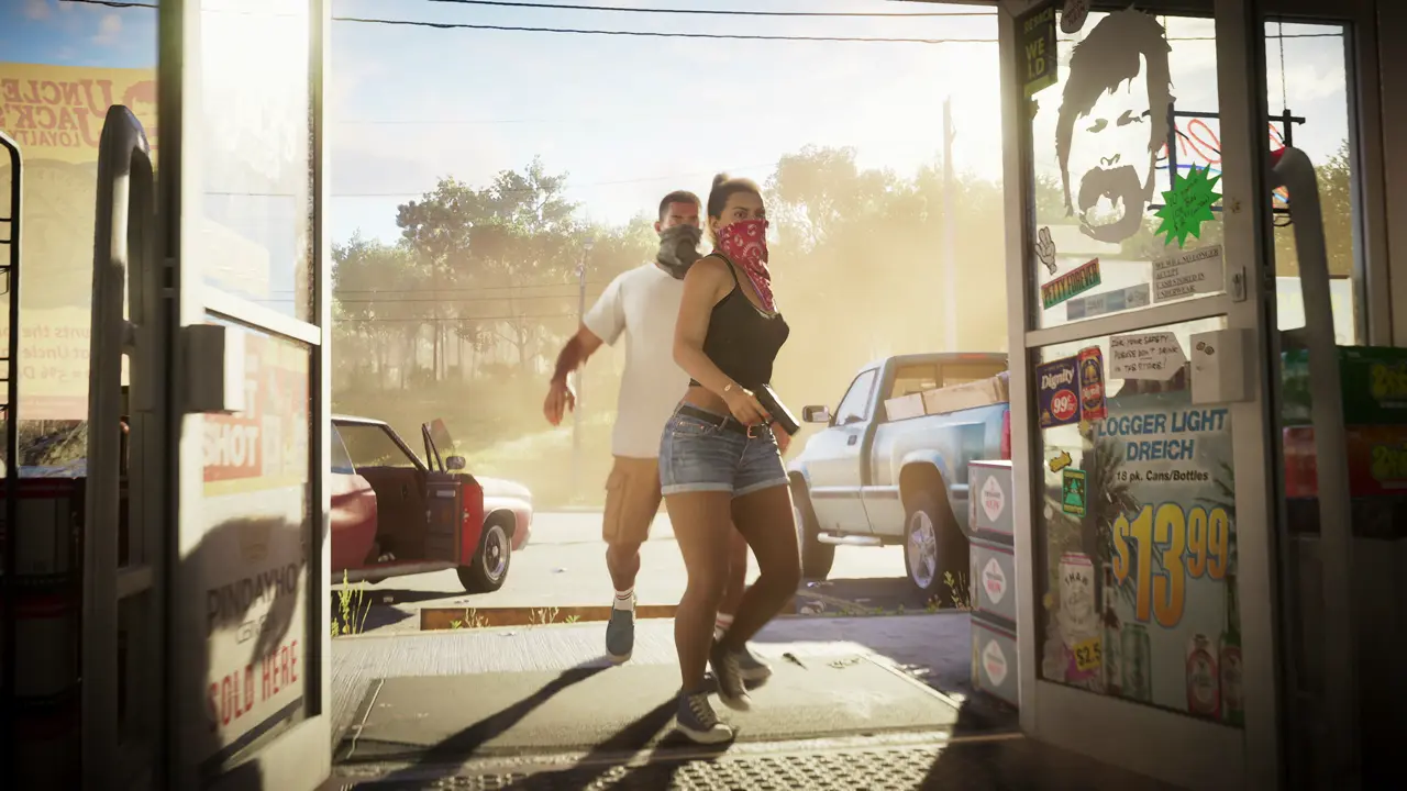 Jason and Lucia, faces covered, running out of a convenience store