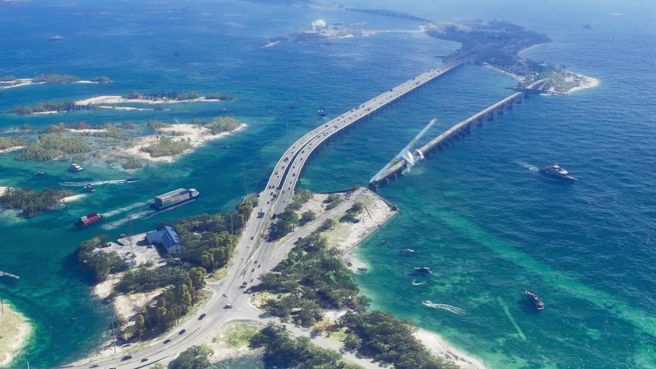 Aerial view of long bridges linking a chain of islands