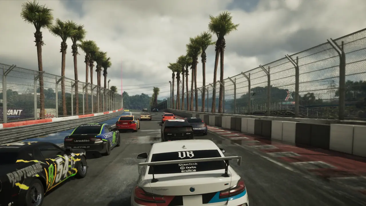 Tuned race cars in sponsor liveries racing down a palm-lined street circuit